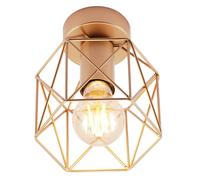 Happy Homewares Vintage Industrial Satin Gold Ceiling Lighting Fitting with Wire Cage Design | 11w Maximum | 17cm x 15cm | Compact Size