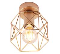 Happy Homewares Vintage Industrial Satin Gold Ceiling Lighting Fitting with Wire Cage Design | 11w Maximum | 17cm x 15cm | Compact Size