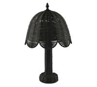 Happy Homewares Traditional Vintage Washed Black Woven Rattan Table Lamp with Scallop Shade and Inline Switch | 43cm x 25cm