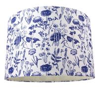 Happy Homewares White Cotton 12" Drum Lamp Shade with Blue Floral Decoration and Inner Lining