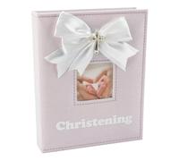Happy Homewares White Faux-Silk Double Bow and Silver Plated Cross Christening Photo Album in Pink - Holds 60 6x4 Pictures - Gorgeous Christening Gift Idea for Baby Girl