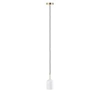 Happy Homewares White Marble Pendant Lamp Fitting in Modern Scandinavian Design with Black Fabric Cable and Polished Brass Metal | Total Height of 119cm