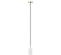 White Marble Pendant Lamp Fitting in Modern Scandinavian Design with Black Fabric Cable and Polished Brass Metal | Total Height of 119cm by Happy Homewares
