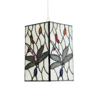Happy Homewares Traditional Opal White Stained Glass Dragonfly Rectangular Tiffany Pendant Light Shade | 20cm x 13cm | Oval and Round Beads
