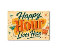 Happy Hour Metal Plaque - Retro cocktail bar design in orange & teal - aluminium plaque suitable for indoor or outdoor display