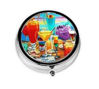 Happy Hour Print Round Pill Organizer 3 Compartment Pill Box Portable Medicine Pill Case for Outdoor Travel