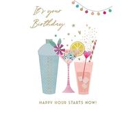 Happy Hour Starts Now! Bubbly and Pink! Contemporary Birthday Card ELML003