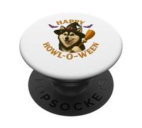 Happy Howl-O-Ween Husky Dog Witch Halloween Hat and Broom PopSockets Adhesive PopGrip