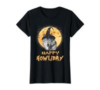 Happy Howliday Funny Wolf Witch Wolve Halloween Value Graphic T-Shirt, Women, Black, L