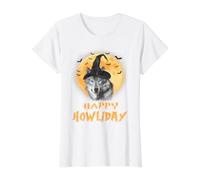 Happy Howliday Funny Wolf Witch Wolve Halloween Value Graphic T-Shirt, Women, White, L