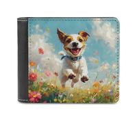 Happy Jack Russell Terrier Dog Running Leather Minimalist Wallet for Men Women Slim Bifold Purse with Card Holder
