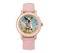 Happy Jack Russell Terrier Dog Running Women's Leather Strap Band Watch Pink Ladies Three-Hand Wrist Watches