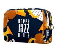 Happy Jazz Day Saxophone Piano Violin Music Cosmetic Bag for Women, Travel Toiletries Bags Large Makeup Handy Pouch Organiser Bag with Zipper