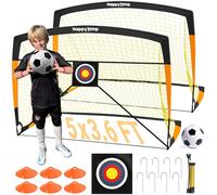 Happy Jump Set of 2 Pop-Up Football Goals - 5x3.6FT Black-Orange with Target Sheet, Ball, Pump & Cones | Upgraded Portable Nets for Garden & Outdoor Training