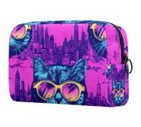 Happy Kitten Faces with Sunglasses Pattern Cosmetic Makeup Bag Small Travel Zipper Pouch Portable Toiletry Bag Makeup Organizer for Women Girls