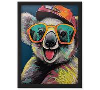 Happy Koala Bear Sunglasses and Hat Modern Pop Art Artwork Framed Wall Art Print A4 Artery8 Black One Size