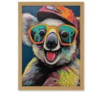 Happy Koala Bear Sunglasses and Hat Modern Pop Art Artwork Framed Wall Art Print A4 Artery8 Light Oak One Size
