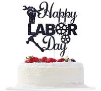 Happy Labor Day Cake Topper, American Holiday Labor Day Decorations, Cheers for Labor Worker, Labor Week Party Decorations (Black Glitter)