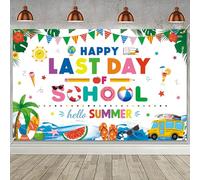 Happy Last Day of School Hello Summer Backdrop Banner End of School Year Theme Backdrop Last Day of School Photo Booth Props Summer Vacation End of School Party Background Decoration