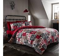 Happy Linen Company 100% Brushed Cotton Christmas Patchwork Red Double Reversible Duvet Cover Bedding Set