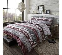 100% Brushed Cotton Nordic Scandi Hygge Winter Warm Burgundy Double Check Reversible Duvet Cover Bedding Set