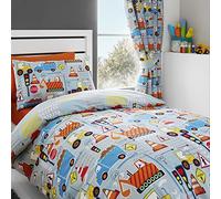 Happy Linen Company Girls Boys Kids Big Digger Trucks Grey 66" x 54" Ring Track Pole Fully Lined Blackout Pencil Pleat Curtain Set