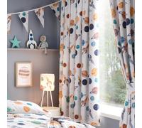 Happy Linen Company Girls Boys Kids Cosmic Planets White 66 x 72 Ring Track Pole Fully Lined Thermal Blackout Pencil Pleat Curtain Set
