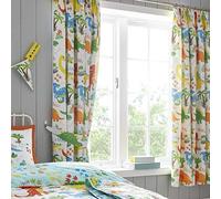 Happy Linen Company Girls Boys Kids Cute Dinky Dinosaurs White 66" x 54" Ring Track Pole Fully Lined Thermal Blackout Pencil Pleat Curtain Set