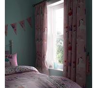 Happy Linen Company Girls Boys Kids Unicorns Princess Rainbows Pink 66" x 72" Ring Track Pole Fully Lined Thermal Blackout Pencil Pleat Curtain Set