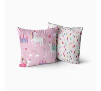 Happy Linen Company Girls Boys Kids Unicorns Princess Rainbows Pink Square 43cm x 43cm Reversible Cushion Covers