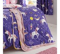 Happy Linen Company Girls Kids Space Unicorn Purple 150 X 200 cm Reversible Quilted Throwover