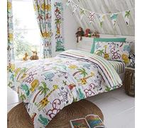 Happy Linen Company Kids Boys Girls Jungle Safari Animals Lion King Teal Reversible Toddler Cot Bed Bedding Duvet Cover Set