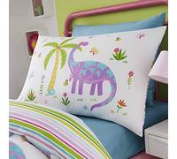 Happy Linen Company Kids Girls Dinosaur Park Jurassic Pink T-Rex Dino White Reversible Pair Of Pillow Cases