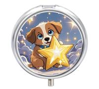 Happy Little Dog Pill Box 3 Compartment Travel Pill Organizer 3 Times A Day Cute Mini Pill Case for Purse & Pocket Portable Metal Medicine Box with Mirror Round Daily Medicine Vitamin Container
