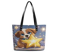 Happy Little Dog Tote Bag Large Soft Leather Purse with Zipper Lightweight Ladies Shoulder Handbag