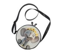 Happy Little Gray Elephant Round Black Crossbody Bag for Women Comfort with Adjustable Strap Side Bags Take a walk Canvas Messenger Purse