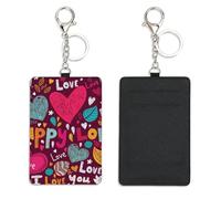 Happy Love Lettering Work Card Holder with Key Ring Bus Pass Holder for Men Women with 2 Card Slots Slim Wallet for Nurse Teacher Student Meal Bank Credit Cards Daily Use Bus Driver Accessories