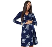 HAPPY MAMA. Women's Maternity Jersey Empire Dress Long Sleeves Baby Shower. 890p (Navy & White Flowers, UK 12, L)