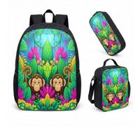 Happy Monkey Jungle Kids Backpack Set 3 Pcs School Bag for Boys Girls 17 Inch Tropical Cartoon Children's Rucksack (04)