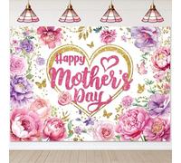 Happy Mother's Day Backdrop 8x6FT Gold Heart and Pink Flowers Mothers Day Photography Background Mother's Day Banner Decoratios Supplies Photo Props