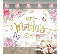 Happy Mother's Day Backdrop 8x6FT Pink Floral Mother's Day Photography Background I Love Mom Women Queen's Day Banner Mothers Day Party Decor Backdrop