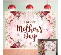 Happy Mother's Day Backdrop Burgundy Floral Glitter Dot Thanks Mom Photography Background I Love Mom Banner Mothers Day Party Cake Table Decorations Photo Background (8X6FT (240x180cm))