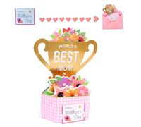 Happy Mothers Day Card, 3D Pop Up Mothers Day Cards, World's Best Mom Greeting Cards, Prize Cup Mother's Day Card with Note Cards & Envelopes