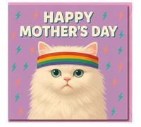 Happy Mother's Day Card - Cute White Cat with Rainbow Headband on Purple, Lightning Bolt Pattern - For Mum
