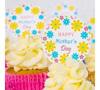 Happy Mothers Day Cupcake Toppers - Icing or Wafer 4cm Round x 24 - Spring Bouquet Happy Mother's Day Design (Wafer)