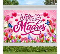 Happy Mother's Day Decorations for Party, 71"x43" Feliz Día de las Madres Backdrop Banner for Indoor Outdoor Decor, Photography Background, Heart and Flower Design