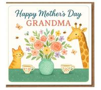 Happy Mother's Day Grandma Card - Cute Giraffe, Cat and Floral Vase Illustration with Teacups - Sweet Mother’s Day Card for Gran/Nan/Grandma