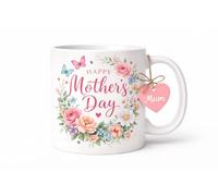 Happy Mother's Day Mug for Mum, Floral Butterfly Coffee Mug with Heart Tag, White Ceramic Tea Cup, Mother's Day Gift Idea for Mothers