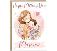 Happy Mother's Day Personalised Mum Son Cards Custom Name Mummy Mama Nanny Grandma Cute Watercolour Mum & Boy Illustration Heartfelt Message Greeting Card A5 (Design 1)