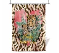 Happy Mother's Day Shower Curtain for Bathroom, Watercolor Leopard Tropical Leaves Plants Red Heart Waterproof Cloth Fabric Bathroom Accessories Set with 12 Rust Proof Plastic Hooks, 66” x 72”
